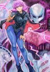  1girl black_cape black_shirt blue_boots blue_pantyhose boots breasts cape closed_mouth curvy full_body gundam haman_karn hand_on_own_leg highres leaning_forward mecha okrdisk2000 pantyhose pink_hair pink_lightning purple_eyes qubeley red_nails robot shirt zeta_gundam 