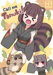  >_< 1girl animal_ear_fluff animal_ears artist_logo blunt_bangs blush brown_hair brown_sash brown_shoes clenched_hands commentary_request english_commentary english_text fang from_above green_kimono highres japanese_clothes jitome kimono leaf logo long_sleeves medium_hair mixed-language_commentary multiple_views obi open_mouth orange_background orange_socks original outline outstretched_arms partial_commentary raccoon_ears raccoon_girl raccoon_tail red_eyes sash shoes shouting sleeves_past_fingers sleeves_past_wrists smile socks star_(symbol) star_symbol_background stchame tail tanuki white_background wide_sleeves yellow_background yellow_outline 