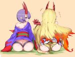  2girls animal_print arm_up ass bare_shoulders black_panties blonde_hair cup eyebrows fate/grand_order fate_(series) from_behind horns ibaraki_douji_(fate) japanese_clothes kakihou kimono long_hair looking_at_viewer looking_back multiple_girls no_pants off_shoulder oni oni_horns orange_kimono panties pointy_ears print_panties purple_eyes purple_hair purple_kimono sakazuki short_hair short_kimono shuten_douji_(fate) simple_background sitting smile thong tiger_print underwear 