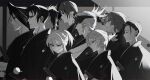  1girl 6+boys baitang_sw black_kimono closed_eyes fate/grand_order fate_(series) forehead_protector greyscale hair_pulled_back harada_sanosuke_(fate) high_ponytail highres hijikata_toshizou_(fate) japanese_clothes katana kimono kondou_isami_(fate) long_hair medium_sideburns monochrome multiple_boys nagakura_shinpachi_(fate) okita_souji_(fate) ponytail saitou_hajime_(fate) sheath sheathed shinsengumi_(fate) short_ponytail shouji sideburns sidelocks sliding_doors smile spiked_headband sword toudou_heisuke_(fate) wavy_hair weapon yamanami_keisuke_(fate) 