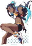  1girl black_hair blue_eyes blue_gloves blue_hair closed_mouth crop_top dark-skinned_female dark_skin earrings eyeshadow flat_chest gloves highres holding holding_poke_ball hoop_earrings jewelry looking_at_viewer makeup midriff multicolored_hair nessa_(pokemon) partially_fingerless_gloves poke_ball poke_ball_(basic) pokemon pokemon_(game) pokemon_swsh reiga_(act000) sandals shorts single_glove sketch solo sports_bra two-tone_hair 
