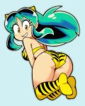  1girl animal_print ass bikini blurry blurry_background boots commentary english_commentary floating green_hair highres horns light_blush long_hair looking_at_ass lum midair multicolored_hair scott_falco sidelocks simple_background smile solo swimsuit tiger_print urusei_yatsura yellow_bikini yellow_boots yellow_eyes yellow_horns 