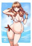  1girl ;) alternate_costume arm_behind_head arm_up armpits bare_arms bikini blue_sky blunt_bangs blush border breasts celica_(fire_emblem) cleavage collarbone commentary cowboy_shot earrings english_commentary fire_emblem fire_emblem_echoes:_shadows_of_valentia frilled_thigh_strap hairband halterneck hand_up heel_up highres jewelry large_breasts linea_nigra long_hair looking_at_viewer navel one_eye_closed orange_eyes orange_hair outdoors outie_navel pregnant red_eyes red_hair red_straps rotomdocs side-tie_bikini_bottom sideboob signature simple_background skindentation sky smile solo stomach swimsuit thigh_strap thighs twitter_username white_bikini white_border white_hairband 