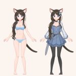  1girl aina_(mao_lian) animal_ear_fluff animal_ears bare_arms bare_legs bare_shoulders barefoot belt black_choker black_legwear blue_bra blue_dress blue_eyes blue_flower blue_panties bra brown_hair cat_ears cat_tail choker dress flower hair_flower hair_ornament hair_over_shoulder highres long_hair long_sleeves looking_at_viewer mao_lian_(nekokao) multiple_views navel original panties pantyhose simple_background smile tail underwear white_background 