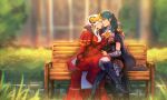  2girls arm_guards bench blurry blurry_background byleth_(fire_emblem) byleth_(fire_emblem)_(female) couple edelgard_von_hresvelg eye_contact face-to-face fake_horns fire_emblem fire_emblem:_three_houses gauntlets grass green_hair highres holding_hands horned_headwear horns looking_at_another medium_hair multiple_girls sethkiel silver_hair smile tiara yuri 