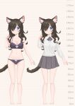  1girl animal_ear_fluff animal_ears ass_visible_through_thighs bare_arms bare_legs bare_shoulders barefoot blue_eyes blush bra breasts brown_hair cat_ears cat_tail cleavage closed_mouth detached_sleeves grey_neckwear grey_ribbon grey_skirt hair_over_one_eye hand_up height_chart highres long_hair long_sleeves looking_at_viewer mao_lian_(nekokao) medium_breasts miniskirt navel neck_ribbon nekomusume one_eye_closed original panties pleated_skirt purple_bra purple_panties ribbon shirt skirt smile solo tail underwear underwear_only white_shirt 