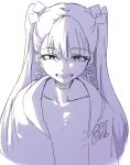  1girl character_name choker collarbone commentary_request cube_hair_ornament earrings eri_(synthesizer_v) flat_chest freckles greyscale hair_ornament highres jacket jewelry long_hair looking_at_viewer lycorisanguine monochrome nipples open_clothes open_jacket sketch smile smug solo straight-on synthesizer_v teeth twintails upper_body vimalion_pro 
