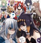  6+girls ? animal_ears bangs bare_shoulders black_hair blonde_hair blue_eyes blue_hair blunt_bangs blush breast_envy breasts brown_eyes brown_hair ceres_fauna commentary dark-skinned_female dark_skin eyebrows_visible_through_hair feathers flat_chest gawr_gura green_hair hair_intakes hair_ornament hakos_baelz holocouncil hololive hololive_english large_breasts long_hair medium_breasts medium_hair mouse_ears multicolored_hair multiple_girls nanashi_mumei ninomae_ina&#039;nis open_mouth ouro_kronii pointy_ears purple_hair red_hair romaji_commentary shaded_face shared_speech_bubble short_hair speech_bubble spoken_question_mark streaked_hair sweat tentacle_hair tsukumo_sana twintails two_side_up very_long_hair virtual_youtuber yellow_eyes yuuyu_(777) 