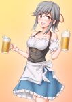  1girl alcohol alternate_costume anti_(untea9) apron beer beer_mug brown_eyes commentary_request cowboy_shot cup dirndl frilled_shirt frilled_skirt frills german_clothes grey_hair hair_ribbon highres kantai_collection mug orange_background ponytail ribbon shirt skirt smile solo underbust usugumo_(kancolle) waist_apron white_shirt white_skirt 