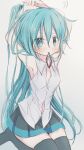  1girl absurdres alternate_hairstyle arm_behind_head armpits arms_up bangs bare_arms bare_shoulders black_legwear black_skirt blush closed_mouth collared_shirt dress_shirt eyebrows_visible_through_hair grey_background grey_shirt hair_between_eyes hatsune_miku highres hitode mouth_hold no_detached_sleeves pleated_skirt ponytail seiza shirt sitting skirt sleeveless sleeveless_shirt solo thighhighs tying_hair vocaloid 