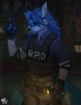 2025 absurd_res angle_view anthro belt belt_buckle blue_body blue_eyes blue_fur blue_hair bottomwear buckle bulletproof_vest canid canine capcom claws clothed clothing detailed_background digital_media_(artwork) elbow_pads finger_claws fingerless_gloves fingers flag flag_(object) flashing flashlight fluffy fluffy_ears fluffy_hair fluffy_tail fox from_front_position fur gloves gun hair half-closed_eyes handgun handwear hi_res holding_flashlight holding_object holding_weapon long_hair long_sleeves looking_at_viewer male male_anthro mammal mrwhitebear narrowed_eyes neck_tuft nervous_look outside pants pistol police police_station police_uniform ranged_weapon resident_evil solo standing suspicious tactical_belt tactical_gear tactical_pants tail text topwear tuft uniform url weapon