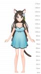  1girl aina_(mao_lian) animal_ear_fluff animal_ears arms_at_sides bare_arms bare_shoulders barefoot blue_dress blue_eyes breasts brown_hair cat_ears cat_tail closed_mouth dress full_body height_chart highres long_hair looking_at_viewer mao_lian_(nekokao) medium_breasts original pigeon-toed pregnant smile solo standing tail 