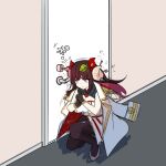  1girl :o akaoni_(zumt3548) azur_lane bangs black_gloves black_legwear blunt_bangs blush breasts brown_hair cleavage coat coat_on_shoulders colored_inner_hair commentary_request curled_horns door door_handle doorknob dress eyebrows_visible_through_hair flower full_body gloves hair_flower hair_ornament horns indoors key large_breasts leaf leaf_on_head long_hair looking_to_the_side motion_lines multicolored_hair one_knee pantyhose parted_lips purple_eyes red_flower red_hair shadow sidelocks sleeveless sleeveless_dress solo sound_effects suruga_(azur_lane) wall white_coat white_dress white_footwear 