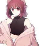  1girl 1other arima_kana beret black_shirt bob_cut breasts closed_mouth commentary crop_top cropped_shirt hat highres inverted_bob jacket medium_breasts medium_hair midriff navel off_shoulder oshi_no_ko pink_hat pink_jacket red_eyes red_hair risdelusions shirt simple_background sleeveless sleeveless_shirt solo symbol-only_commentary white_background 