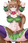  1girl abs animal_ear_fluff animal_ears armpits arms_behind_head arms_up artist_name ayunda_risu bandeau belt breasts brown_belt brown_hair commentary cosplay dot_nose gloves green_eyes green_skirt hair_ornament highres hololive hololive_indonesia large_breasts looking_at_viewer multicolored_hair seraphim_throne simple_background skirt solo squirrel_ears squirrel_girl squirrel_tail star_(symbol) taiki_shuttle_(umamusume) taiki_shuttle_(umamusume)_(cosplay) taiki_shuttle_(wild_frontier)_(umamusume) tail thighhighs umamusume virtual_youtuber white_hair 