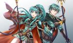  1boy 1girl blue_armor blue_eyes blue_hair blue_skirt brother_and_sister cape closed_mouth cosplay eirika_(fire_emblem) ephraim_(fire_emblem) ephraim_(fire_emblem)_(cosplay) fire_emblem fire_emblem:_the_sacred_stones fire_emblem_heroes gloves kakiko210 looking_at_viewer open_mouth polearm ponytail red_cape siblings skirt smile spear thighhighs twins weapon 