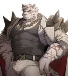  1boy animal_ears arknights bara belt black_belt black_tank_top bulge chain_necklace coat coat_on_shoulders covered_abs covered_navel cowboy_shot dog_tags frown furry furry_male hands_on_hips large_pectorals male_focus mikky mountain_(arknights) muscular muscular_male pants pectorals scar scar_across_eye short_hair shoulder_spikes sidepec solo spikes tank_top thick_eyebrows thick_thighs thighs tiger_boy tiger_ears white_fur white_hair white_pants 