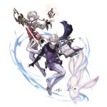  1boy 1girl absurdres alisaie_leveilleur alphinaud_leveilleur black_gloves blue_shirt book boots brother_and_sister carbuncle_(final_fantasy) elf final_fantasy final_fantasy_xiv gloves highres holding holding_weapon hori_airi jacket long_sleeves pointy_ears rapier red_shirt red_skirt shirt siblings skirt sword thigh_boots thighhighs twins weapon white_background white_footwear white_hair white_legwear 