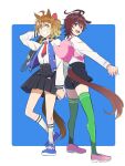  2girls agnes_tachyon_(umamusume) ahoge animal_ears backpack bag baseball_bat black_shorts black_skirt blue_shoes brown_hair commentary_request cosplay full_body green_thighhighs grin hair_ornament heart-shaped_bag heel_up highres holding_hands horse_ears horse_girl horse_tail jacket jungle_pocket_(umamusume) kunio-kun_series kyoko_(kunio-kun) kyoko_(kunio-kun)_(cosplay) letterman_jacket long_sleeves looking_at_viewer misako_(kunio-kun) misako_(kunio-kun)_(cosplay) multiple_girls notched_ear open_clothes open_jacket open_mouth pink_shoes red_eyes river_city_girls shirt shirt_tucked_in shoes short_hair shorts skirt smile socks spiked_knuckles standing tail thighhighs umamusume white_shirt white_socks x_hair_ornament yasumi_(aitne) yellow_eyes 