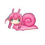  1girl ahoge antennae blue_eyes bocchi_the_rock! commentary crying crying_with_eyes_open cube_hair_ornament detached_ahoge english_commentary gotoh_hitori hair_between_eyes hair_ornament highres lazy_eye long_hair no_mouth no_nose non-web_source pink_hair sad slime_(substance) slime_hair snail snail_girl solo standing standing_on_one_leg sweat tears white_background 
