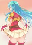  1girl aqua_eyes aqua_hair armor ass bangs belt breastplate clothes_lift commentary earrings eirika_(fire_emblem) fire_emblem fire_emblem:_the_sacred_stones from_behind gloves highres hirotaka_(hrtk990203) jewelry long_hair looking_at_viewer looking_back open_mouth red_shirt shirt sidelocks skirt skirt_lift smile solo thighhighs thighs very_long_hair 