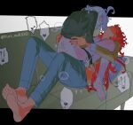  2girls ahoge ass bare_legs barefoot clothed_sex couch cowgirl_position futa_with_female futanari grey_hair gundam gundam_suisei_no_majo head_back highres implied_futanari long_hair miorine_rembran multiple_girls on_couch panties_around_thighs red_hair sex short_hair straddling suletta_mercury wife_and_wife yurisuki00 