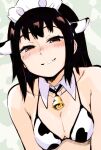  1girl animal_ears animal_print bell bikini black_hair breast_squeeze breasts brown_eyes cleavage commentary_request cow_ears cow_print detached_collar eyebrows_behind_hair half-closed_eyes highres kou1 maid_headdress medium_breasts neck_bell original smile solo swimsuit upper_body 