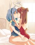  2girls ange_(angeban93) animal_ears ass_grab blue_hair blush breasts brown_hair eyebrows_visible_through_hair fake_animal_ears french_kiss grabbing_another&#039;s_ass groping hand_on_another&#039;s_face highres kagari_atsuko kiss little_witch_academia multiple_girls on_bed pillow sitting sitting_on_lap sitting_on_person third-party_source ursula_charistes yuri 
