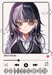  1girl absurdres alternate_costume beamed_eighth_notes black_hair black_sweater_vest breasts character_name closed_mouth collared_shirt commentary dress_shirt earphones eighth_note english_commentary fast_forward_button grey_hair gummy_candy_93 halftone heart highres hololive hololive_english large_breasts long_hair looking_at_viewer media_player_interface multicolored_hair musical_note play_button quarter_note repeat_button rewind_button shiori_novella shirt shuffle_button smile solo split-color_hair sweater_vest two-tone_hair upper_body virtual_youtuber white_shirt yellow_eyes 