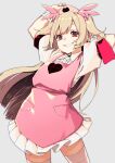  1girl absurdres bandaged_wrist blonde_hair cowboy_shot dress grey_background hair_ornament hands_up hat heart highres looking_at_viewer natori_sana nurse nurse_cap pink_dress puffy_short_sleeves puffy_sleeves red_eyes reiga_(act000) sana_channel shirt short_dress short_sleeves simple_background smile solo standing thighhighs two_side_up virtual_youtuber white_legwear white_shirt 