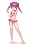  1girl absurdres alice_gear_aegis aomoro bangs bare_arms bare_legs bare_shoulders barefoot bikini blush breasts closed_mouth commentary_request crossed_arms eyebrows_visible_through_hair frilled_bikini frills full_body highres ichijou_ayaka long_hair looking_at_viewer navel pink_bikini purple_eyes purple_hair sidelocks simple_background small_breasts smile solo standing stomach swimsuit twintails white_background 