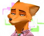 absurd_res anthro canid canine clip_studio_paint_(artwork) clothing digital_media_(artwork) disney enoxarts fox front_view fur green_eyes hi_res male mammal necktie nick_wilde orange_body orange_fur pink_clothing portrait signature smile smirk solo stylized zootopia