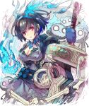  1girl :o alice_(sinoalice) bangs blue_dress blue_gloves blue_hair breasts cleavage dress gloves hair_between_eyes haku_(sabosoda) headband holding holding_sword holding_weapon looking_at_viewer open_mouth red_eyes short_hair short_sleeves sinoalice solo sword weapon 