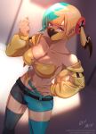  1girl absurdres adapted_costume aqua_hair aqua_shorts aqua_thighhighs asymmetrical_legwear bandeau belt black_belt black_mask black_shorts black_thighhighs blonde_hair blue_eyes breasts canari_(pokemon) character_hair_ornament cleavage commentary_request dark-skinned_female dark_skin gradient_eyes hair_ornament hand_on_own_hip hand_up highres jacket large_breasts large_variant_set looking_at_viewer mask midriff mismatched_legwear mouth_mask multicolored_eyes multicolored_hair nail_polish navel pants pokemon pokemon_legends:_z-a shorts solo split-color_hair stomach thighhighs two-tone_mask two-tone_shorts variant_set vilde_loh_hocen yellow_bandeau yellow_jacket yellow_mask 