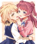  2girls blazer blonde_hair blue_overskirt blue_ribbon blue_vest blush commentary_request cropped_jacket fujita_kotone gakuen_idolmaster hanami_saki hatsuboshi_gakuen_school_uniform heart highres idolmaster jacket long_sleeves looking_at_viewer multiple_girls neck_ribbon pink_jacket red_hair ribbon school_uniform shirt smile tutanai vest white_shirt yuri 