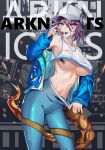  1girl absurdres alternate_costume aqua_eyes aqua_hair arknights armpits asbestos_(arknights) background_text bangs barcode barcode_tattoo bare_shoulders blue_jacket blue_pants blue_tongue body_writing breast_tattoo breasts candy character_name collarbone colored_tongue copyright_name covered_nipples food hair_between_eyes headphones heart heterochromia highres holding holding_food jacket jewelry large_breasts leaning_forward lollipop long_sleeves looking_at_viewer multicolored_hair open_clothes open_jacket open_mouth pants pink_eyes purple_hair ring sabou_san-shitsu_kokoro saliva saliva_trail sharp_teeth short_hair solo standing tail tattoo teeth tongue tongue_out two-tone_hair underboob upper_teeth yoga_pants 
