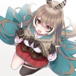  1girl brown_hair cloak feather_hair_ornament feathers gloves green_cloak hair_ornament hairclip highres hololive hololive_english multicolored_hair nanashi_mumei partially_fingerless_gloves red_skirt single_thighhigh skirt solo somnium streaked_hair thighhighs virtual_youtuber white_hair yellow_eyes 