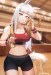  1girl absurdres alternate_costume animal_ears ass_visible_through_thighs bangs bike_shorts bra breasts commentary gilmang gold_ship_(umamusume) highres horse_ears horse_girl horse_tail huge_filesize indoors large_breasts long_hair looking_at_viewer pink_eyes red_bra silver_hair solo sports_bra sportswear stomach sweat tail towel towel_around_neck twitter_username umamusume underwear 