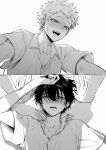  2boys absurdres bite_mark bite_mark_on_chest bite_mark_on_neck blush boy_on_top collared_shirt commentary drooling grey_background greyscale half-closed_eyes highres hikaru_ga_shinda_natsu indou_hikaru male_focus mole mole_on_cheek mole_on_neck mole_under_eye mole_under_mouth monochrome multiple_boys multiple_moles open_mouth puff_of_air red_pupils rilituer saliva scar scar_on_neck shirt short_eyebrows short_hair short_sleeves simple_background slit_pupils spot_color teeth tsujinaka_yoshiki yaoi 