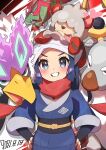  1girl absurdres akari_(pokemon) antlers basculegion beak blush dated fangs gen_8_pokemon grin hair_over_eyes hands_on_hips head_scarf heart highres hisuian_braviary hisuian_form hisuian_growlithe on_head pokemon pokemon_(creature) pokemon_(game) pokemon_legends:_arceus pokemon_on_head red_scarf scarf smile taisa_(lovemokunae) tongue tongue_out upper_body wyrdeer 