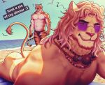 2026 absurd_res anthro avian beach bird black_body black_fur butt caption cellphone clothed clothing digital_media_(artwork) douand0 duo electronics english_text epic_games eyewear felid fortnite fur gull hi_res jewelry kingston_(fortnite) lari larid lion looking_at_viewer lying male male/male mammal mane muscular muscular_anthro muscular_male necklace nipples nude on_front orange_body orange_fur oscar_(fortnite) pantherine phone sand smile striped_body striped_fur stripes sunglasses tail tan_body tan_fur text thong tiger topless underwear water whiskers white_body white_fur