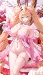  1girl absurdly_long_hair aged_up alternate_breast_size_(larger) alternate_costume animal_ears artist_name bare_shoulders breasts bri_(vtuber) cherry chocolate cleavage detached_collar detached_sleeves eeyoosekedooaat english_commentary fake_animal_ears feet_out_of_frame food fruit green_eyes hair_between_eyes heart-shaped_mole highres indie_virtual_youtuber long_hair long_sleeves looking_at_viewer mole mole_under_eye nail_polish navel nightgown no_humans panties pink_nails pink_nightgown pink_theme rabbit_ears revealing_clothes skindentation solo thigh_strap underwear very_long_hair virtual_youtuber white_panties 