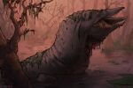 arachnid arthropod blind bone disability fantasy feral forest forest_background hi_res horror_(theme) monster nature nature_background necromancy plant rotting seaweed skull slit_throat solo spider spider_web swamp swimming tashiroth teeth tree undead unknown_species water wounded