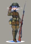  1girl ammunition_pouch bayonet belt blonde_hair blue_eyes bolt_action breasts brown_gloves canteen erica_(naze1940) gloves gun helmet highres holding holding_gun holding_weapon military mosin-nagant original parted_lips pouch puttee rifle short_hair snow solo weapon 