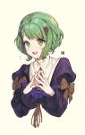  1girl alternate_hairstyle bangs black_dress bow commentary dress english_commentary fire_emblem fire_emblem:_three_houses flayn_(fire_emblem) garreg_mach_monastery_uniform green_eyes green_hair hair_ornament hands_together highres long_sleeves looking_at_viewer open_mouth short_hair solo upper_body velahka yellow_background 