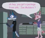 2025 anthro appliance black_clothing black_shirt black_t-shirt black_topwear blue_body blue_bottomwear blue_clothing blue_fur blue_nose blue_pants bottomwear canid canine canis clothing coyote demensa detailed_background dialogue domestic_dog duo emil_(demensa) female fridge fur hi_res kitchen kitchen_appliance male mammal open_mouth open_smile pants pink_body pink_fur pink_text shirt smile speech_bubble stove t-shirt text topwear