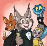 4_fingers adriano_berjillos alcohol anthro bedroom_eyes beverage black_clothing black_suit blue_body blue_scales bow_tie buckteeth canid canine champagne cheek_tuft classy clothing disney dress elegant_dress facial_tuft fangs felid feline female feral fingers fluffy_ears fox fur gary_de'snake green_eyes grey_body grey_fur group judy_hopps lagomorph leporid lynx male mammal markings messy_whiskers narrowed_eyes new_year_2026 nick_wilde open_mouth orange_body orange_fur pawbert_lynxley purple_eyes rabbit reptile scales scalie seductive smile snake suit teeth tuft viper whisker_markings whiskers yellow_clothing yellow_dress yellow_eyes zootopia