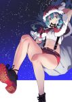  1girl ankle_boots bell blue_eyes blue_hair boots capelet closed_mouth commentary_request fur-trimmed_capelet fur_trim gloves hair_ornament hairclip hat hatsune_miku highres jingle_bell looking_at_viewer midriff navel neck_bell night night_sky red_capelet red_shorts reiga_(act000) sack sanpaku santa_costume santa_hat shirt short_shorts shorts sky smile solo star_(sky) starry_sky suspender_shorts suspenders twintails vocaloid white_shirt 