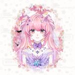  1girl artist_request bow bow_choker bowtie braid brooch brown_eyes chinese_commentary choker closed_mouth clothing_cutout collarbone commentary_request commission cropped_torso double_bun dress eyelashes floral_background guides_of_star_(shining_nikki) hair_bun hair_intakes hair_ornament happy hexagram highres jewelry lips long_hair multiple_braids necklace nikki_(nikki) nikki_(series) picture_frame pink_hair pink_lips purple_bow purple_bowtie purple_choker purple_dress sample_watermark second-party_source see-through_clothes see-through_sleeves shining_nikki short_sleeves shoulder_cutout sidelocks smile solo sparkling_eyes star_(symbol) star_brooch star_hair_ornament star_necklace straight-on too_many_watermarks twintails very_long_hair watermark white_background 