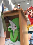 1boy 1girl 1other :d absurdres bad_id bad_twitter_id bandana black_gloves black_shorts blue_eyes blue_shirt blurry blurry_foreground blush brown_hair classroom coat commentary covering_own_mouth ebay english_commentary english_text gardevoir gloves green_shorts highres holding holding_poke_ball implied_after_fellatio indoors khyle. lab_coat lectern long_hair long_sleeves may_(pokemon) open_mouth outstretched_arm poke_ball poke_ball_(basic) pokemon pokemon_(creature) pokemon_rse professor_birch red_bandana red_eyes red_shirt shirt short_sleeves shorts smile standing sweat white_coat wide-eyed 